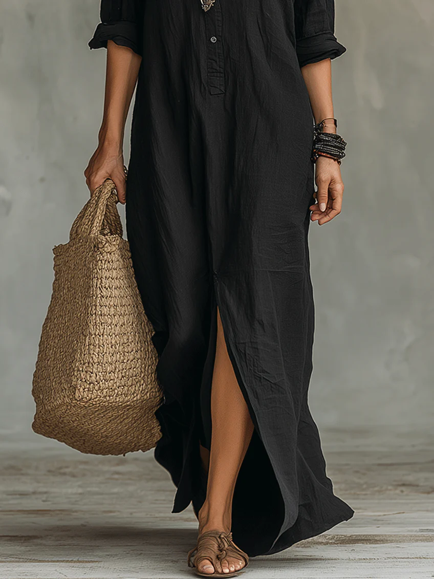 Solène | Robe maxi noire fluide à boutons