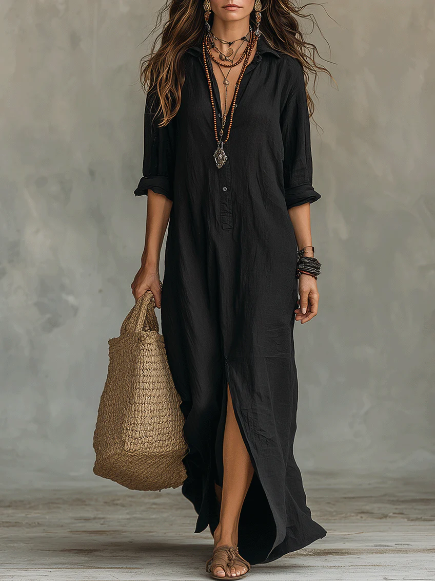 Solène | Robe maxi noire fluide à boutons