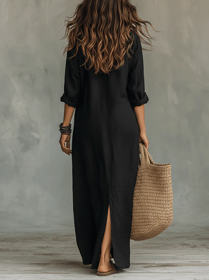 Solène | Robe maxi noire fluide à boutons