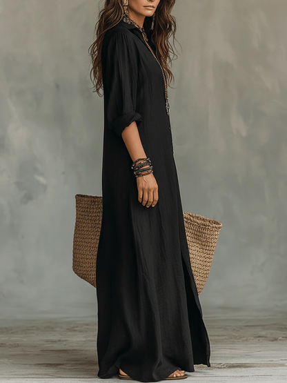 Solène | Robe maxi noire fluide à boutons