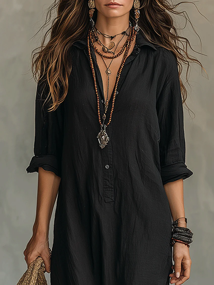 Solène | Robe maxi noire fluide à boutons