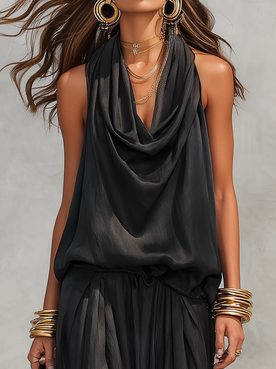 Ensemble top sans manches dos nu noir et pantalon plissé