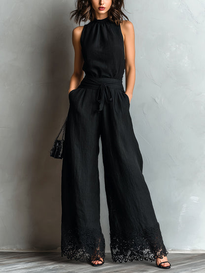 Black Halter Vest & Wide-Leg Pants Set