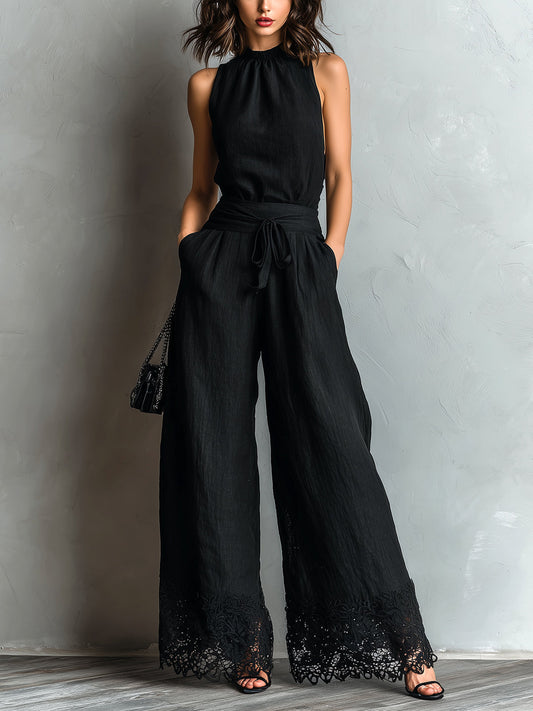 Ensemble gilet dos nu en faux coton-lin noir avec pantalon large taille haute orné de dentelle à nouer