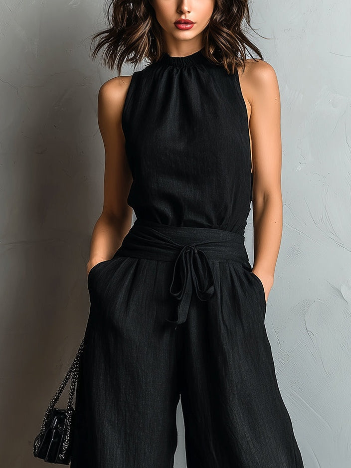 Black Halter Vest & Wide-Leg Pants Set