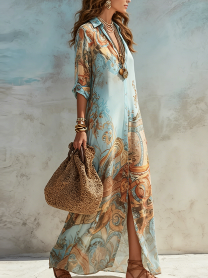 Valeria | Robe Longue à Imprimé Floral Bleu pour les Vacances