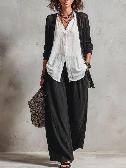 Ensemble trois pièces gilet cardigan superposé minimaliste et pantalon large