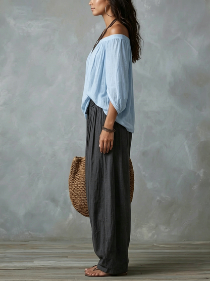 Haut moulant bleu ciel sans bretelles et pantalon Lantern gris foncé à la coupe ample