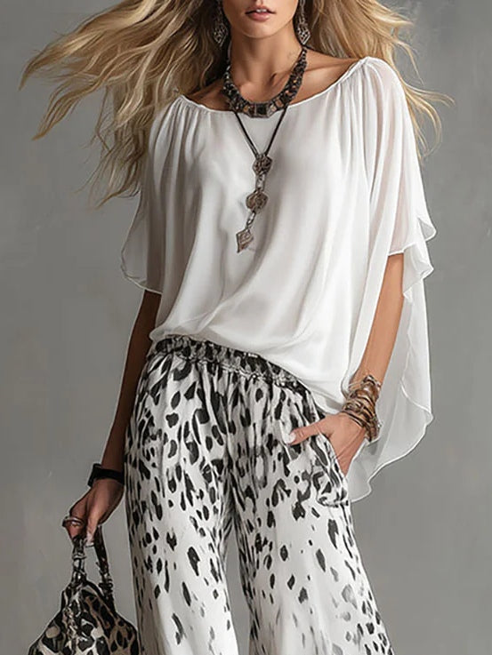 Ensemble T-shirt Fluide Blanc Et Pantalon En Mousseline Imprimé Léopard