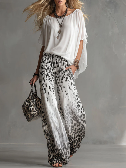 Ensemble T-shirt Fluide Blanc Et Pantalon En Mousseline Imprimé Léopard