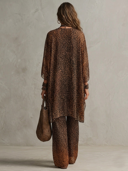 Ensemble trois pièces robe fluide imprimé léopard dégradé bohème