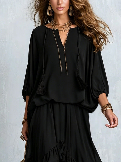 Elvira | Ensemble Top en Mousseline Noir Col en V à Franges et Jupe à Volants Superposés