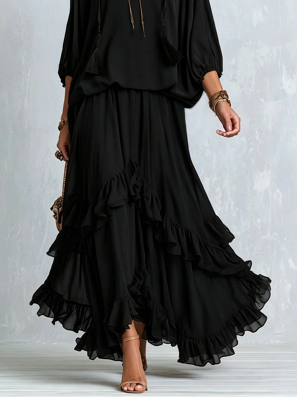 Elvira | Ensemble Top en Mousseline Noir Col en V à Franges et Jupe à Volants Superposés