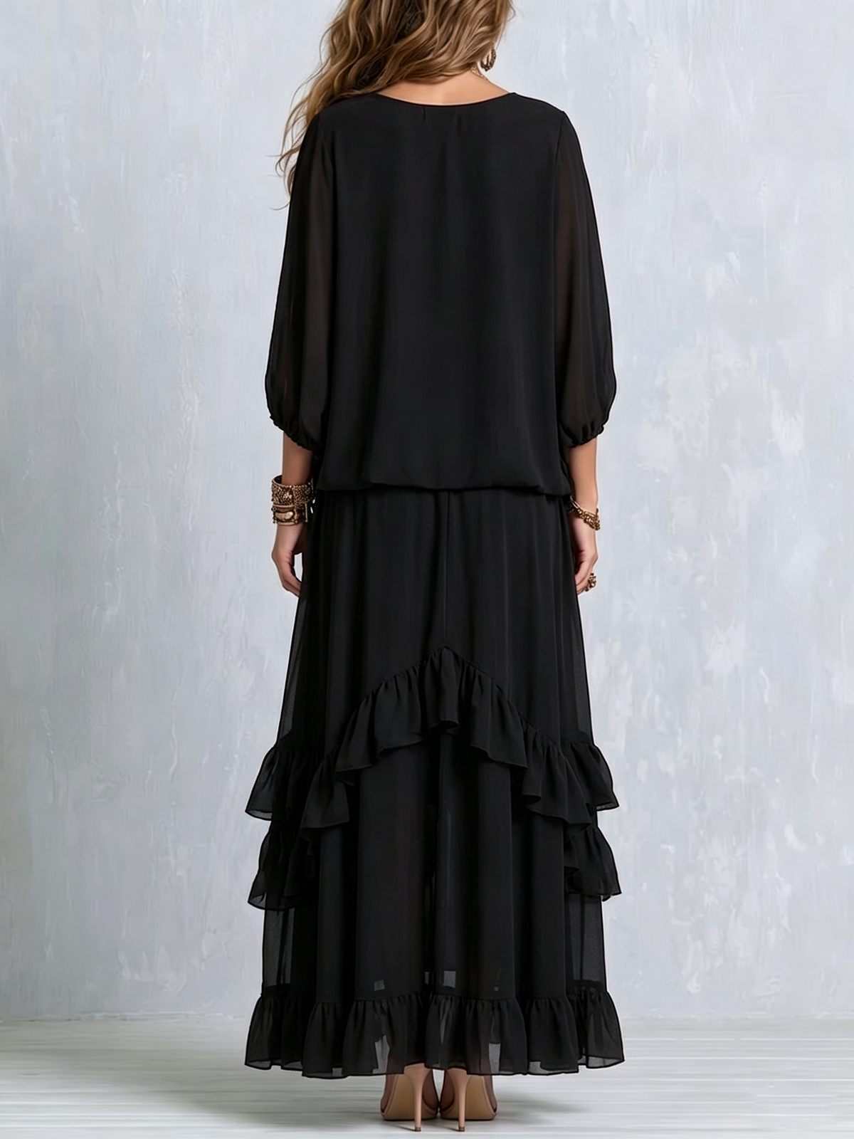 Elvira | Ensemble Top en Mousseline Noir Col en V à Franges et Jupe à Volants Superposés