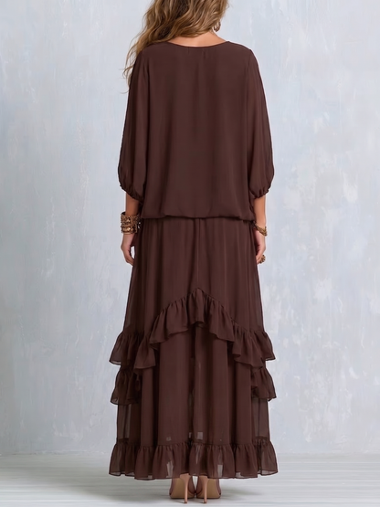 Manuela | Top en Mousseline Marron à Franges et Col en V avec Jupe à Volants Superposés