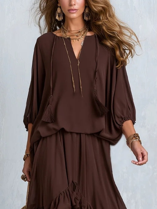 Manuela | Top en Mousseline Marron à Franges et Col en V avec Jupe à Volants Superposés