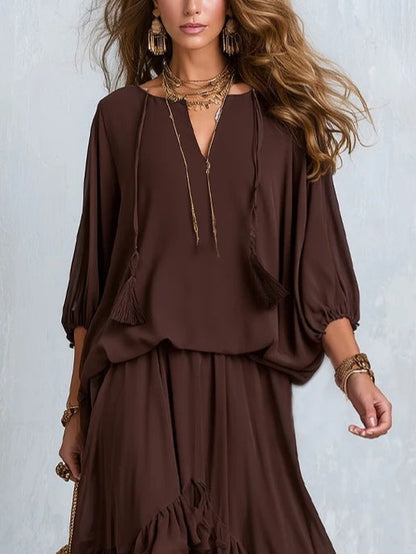 Manuela | Top en Mousseline Marron à Franges et Col en V avec Jupe à Volants Superposés