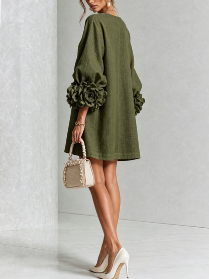 Abito Mini a Camicia Floreale Verde Oliva con Polsini Floreali Stravaganti