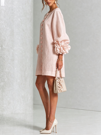 Robe Mini Fleurie Rose à Boutons et Manches Fleuries Surprenantes