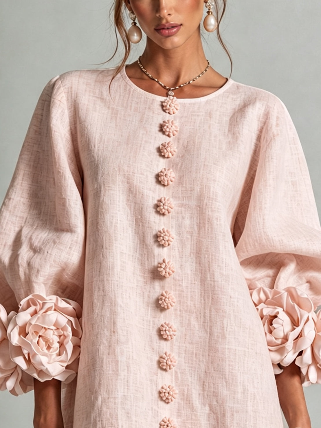 Robe Mini Fleurie Rose à Boutons et Manches Fleuries Surprenantes