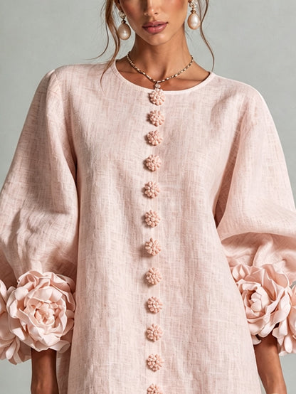 Robe Mini Fleurie Rose à Boutons et Manches Fleuries Surprenantes