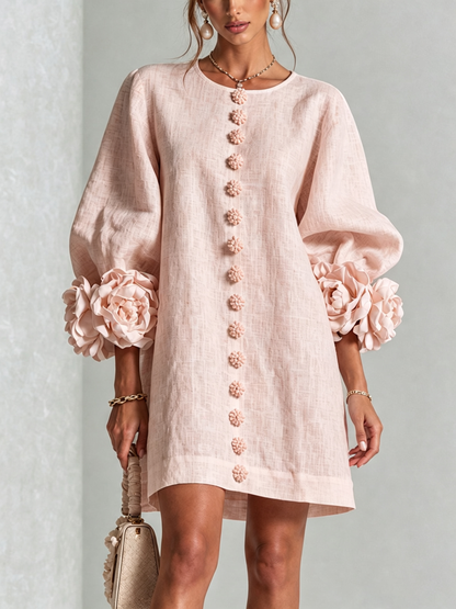 Robe Mini Fleurie Rose à Boutons et Manches Fleuries Surprenantes