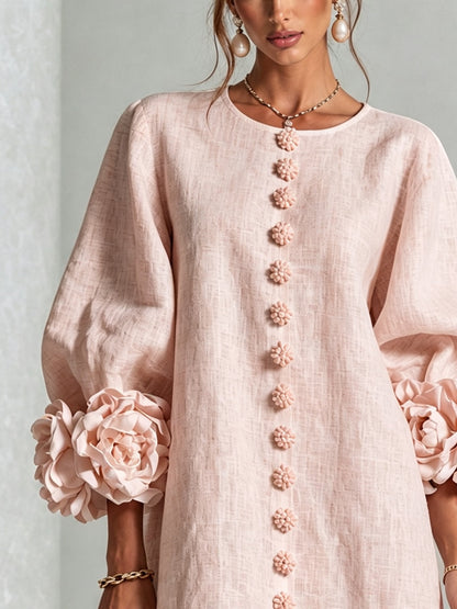 Robe Mini Fleurie Rose à Boutons et Manches Fleuries Surprenantes
