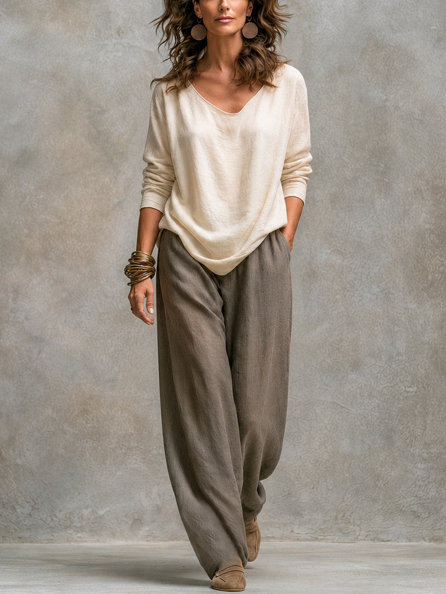 Costanza | Ensemble Trois Pièces Beige et Gris, Casual Superposé avec Pantalon Palazzo, Élégant