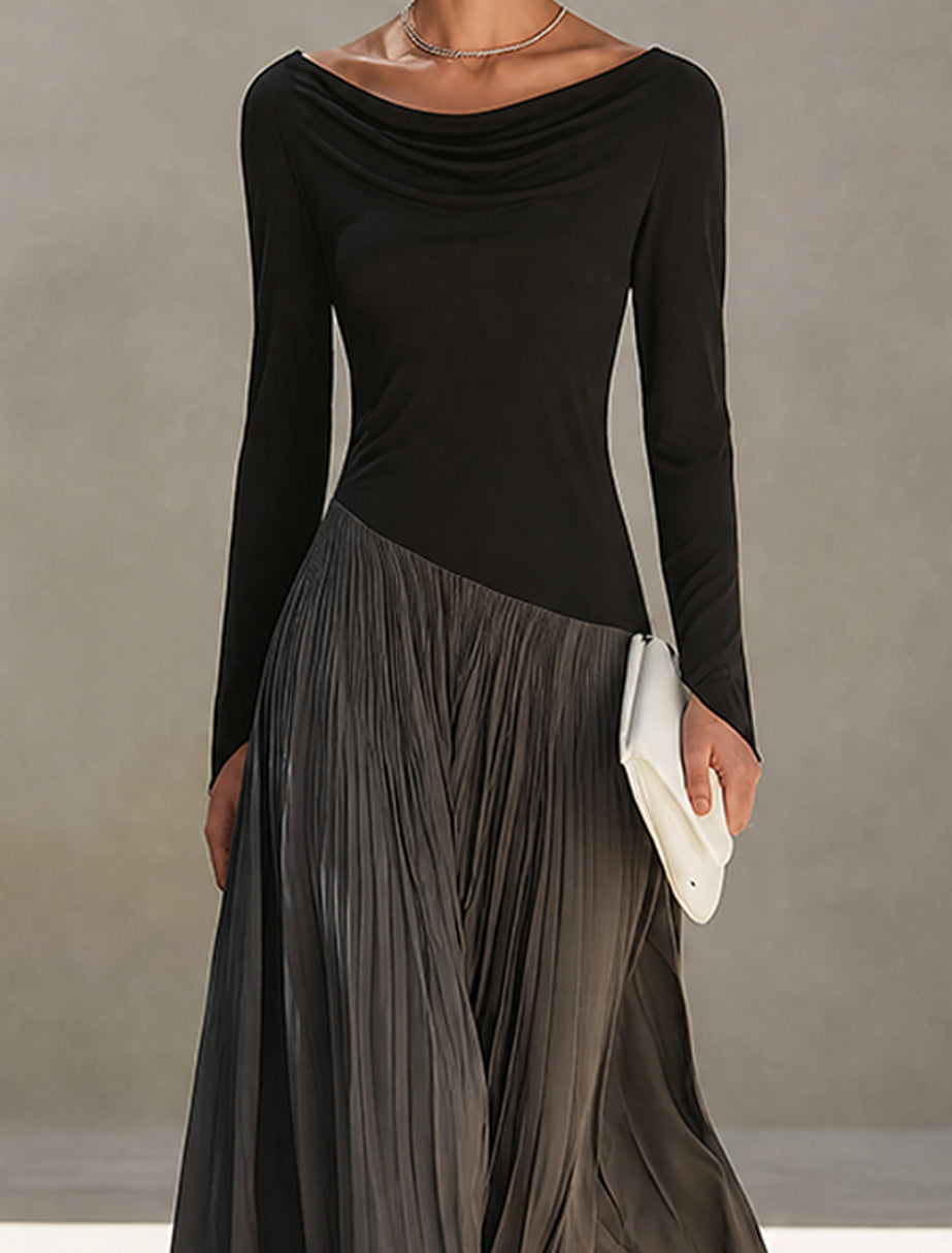 Marina | Robe Longue Plissée à Col Drapé Bicolore Noir et Gris