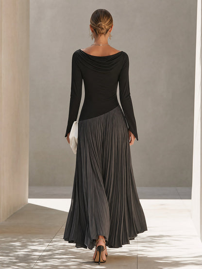 Marina | Robe Longue Plissée à Col Drapé Bicolore Noir et Gris