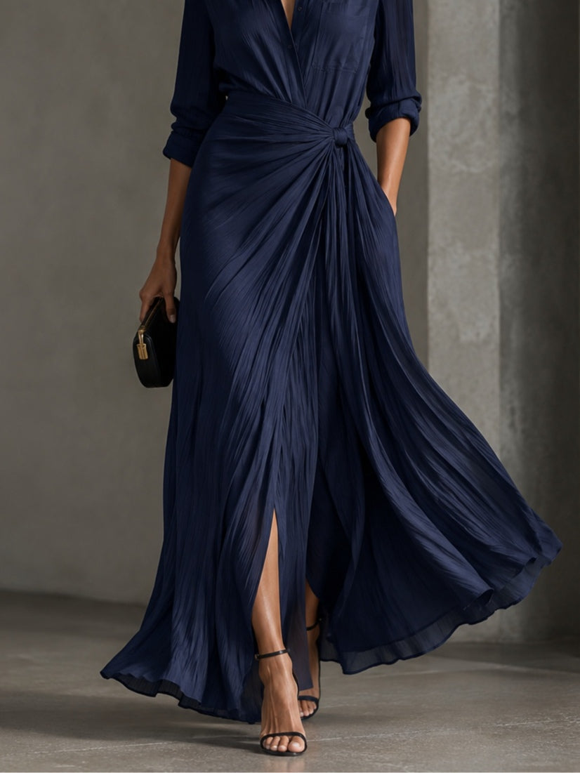 Gabriella | Élégante Robe Chemise Longue Bleu Marine Nouée