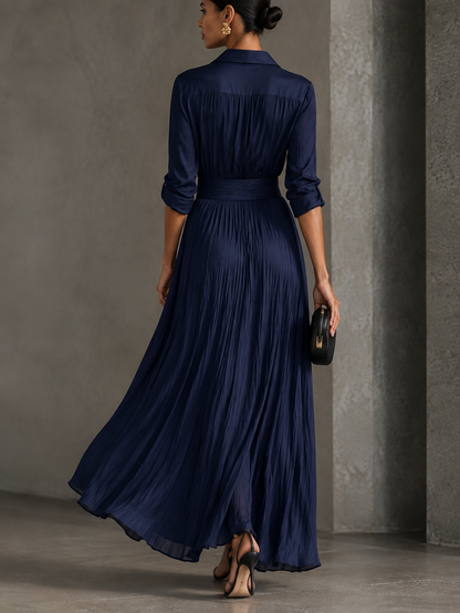 Gabriella | Élégante Robe Chemise Longue Bleu Marine Nouée