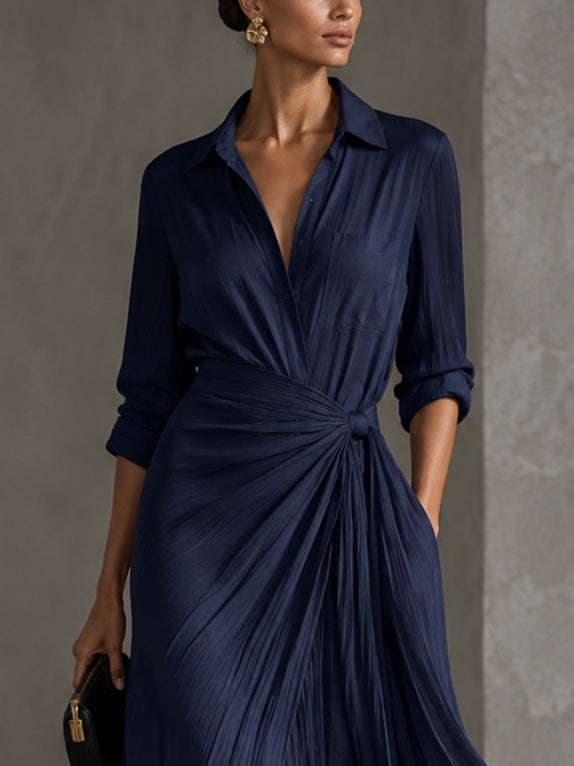 Gabriella | Élégante Robe Chemise Longue Bleu Marine Nouée