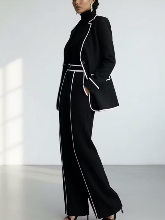 Claudia | Ensemble Deux Pièces Blazer Noir à Passepoil Contrasté et Pantalon Large