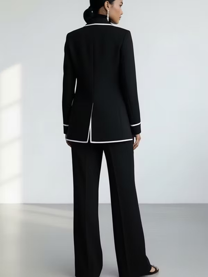 Claudia | Ensemble Deux Pièces Blazer Noir à Passepoil Contrasté et Pantalon Large