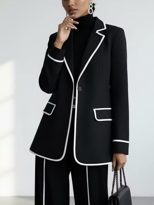 Claudia | Ensemble Deux Pièces Blazer Noir à Passepoil Contrasté et Pantalon Large