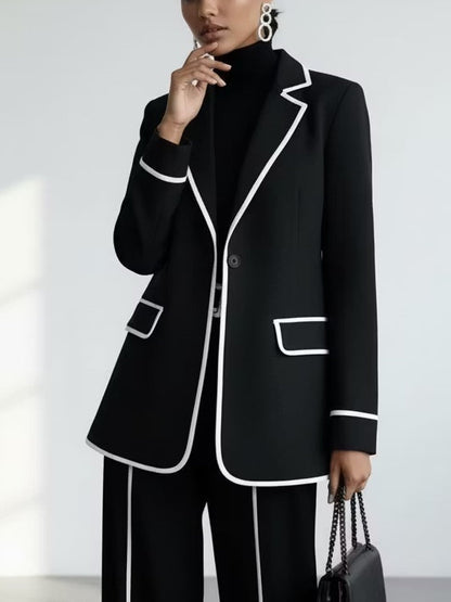 Claudia | Ensemble Deux Pièces Blazer Noir à Passepoil Contrasté et Pantalon Large