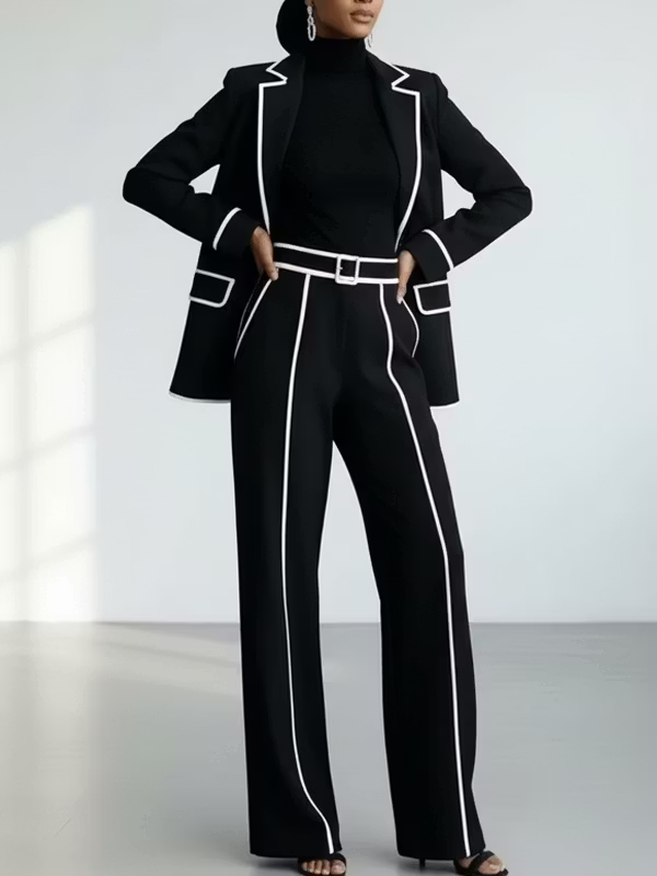Claudia | Ensemble Deux Pièces Blazer Noir à Passepoil Contrasté et Pantalon Large