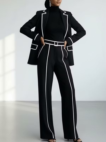 Claudia | Ensemble Deux Pièces Blazer Noir à Passepoil Contrasté et Pantalon Large