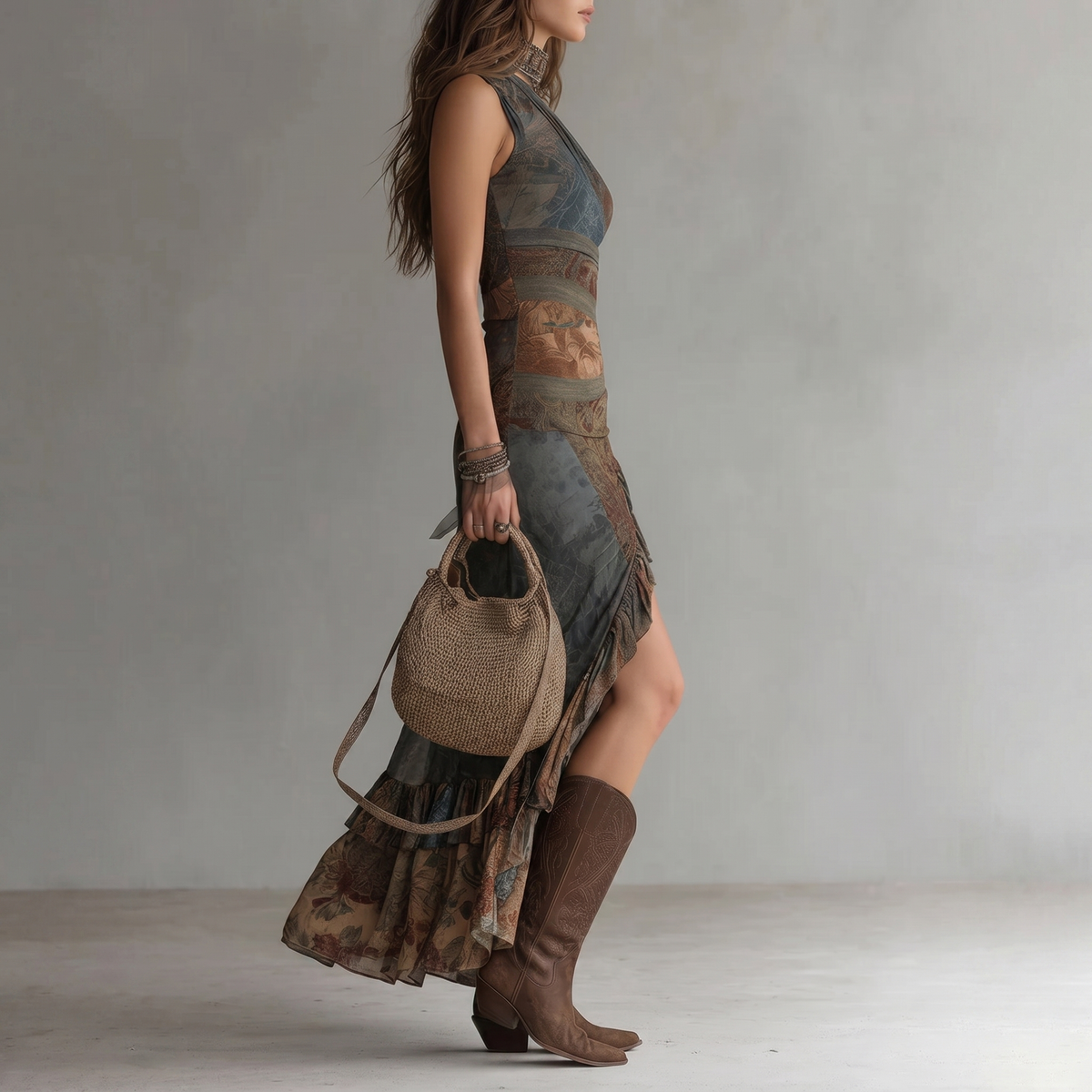 Robe longue asymétrique à imprimé ethnique