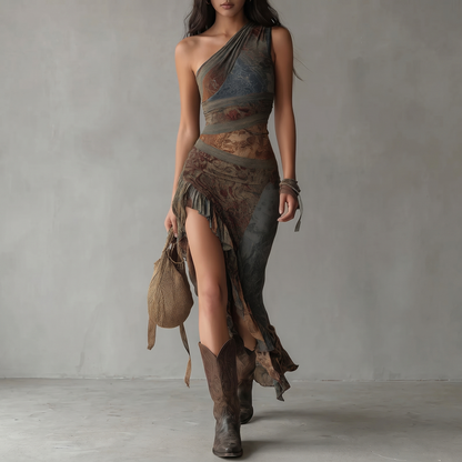 Robe longue asymétrique à imprimé ethnique