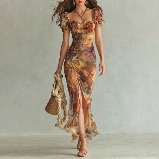 Robe longue imprimée motif peinture à l'huile style bohème