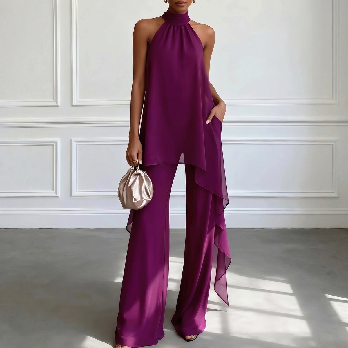 Conjunto elegante de top con cuello halter morado