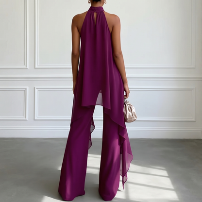 Conjunto elegante de top con cuello halter morado