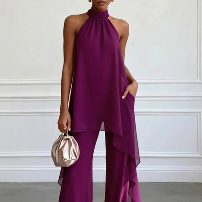Conjunto elegante de top con cuello halter morado