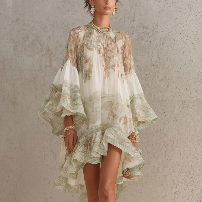 Mini-robe imprimée verte, ourlet et manches à volants