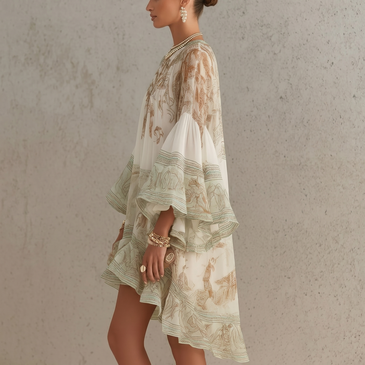 Mini-robe imprimée verte, ourlet et manches à volants