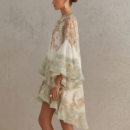Mini-robe imprimée verte, ourlet et manches à volants