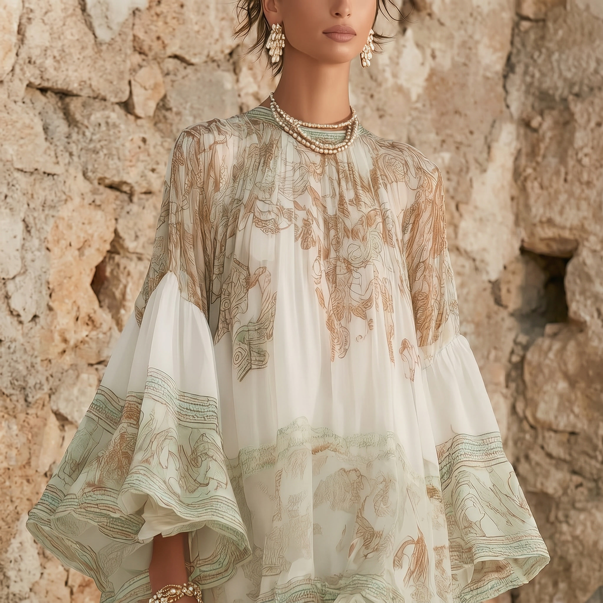 Mini-robe imprimée verte, ourlet et manches à volants