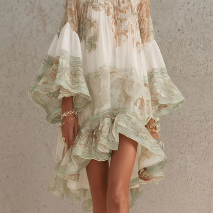 Mini-robe imprimée verte, ourlet et manches à volants